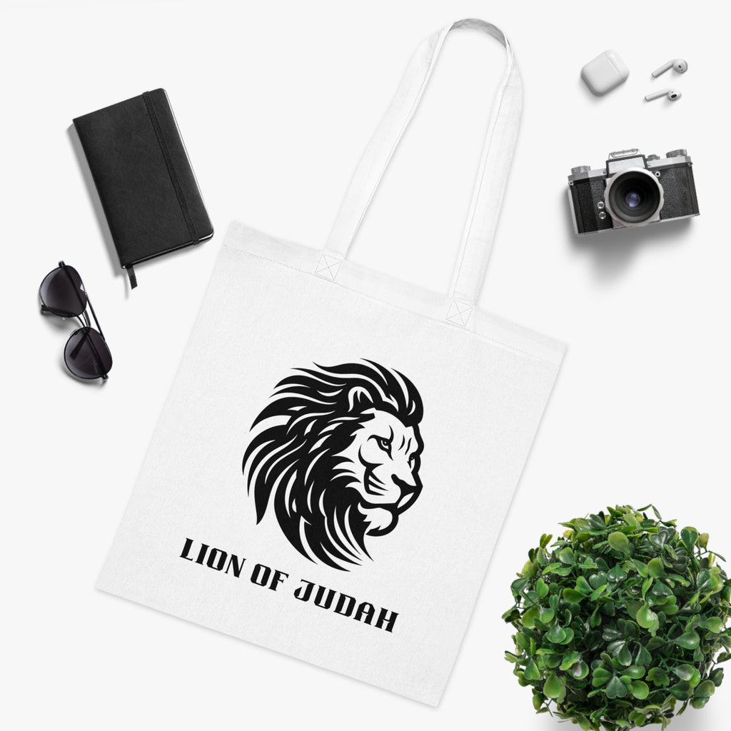 Lion of Judah Cotton Tote Bag - Bold Black Lion Graphic, Faith-Inspired Bible Verse Accessory