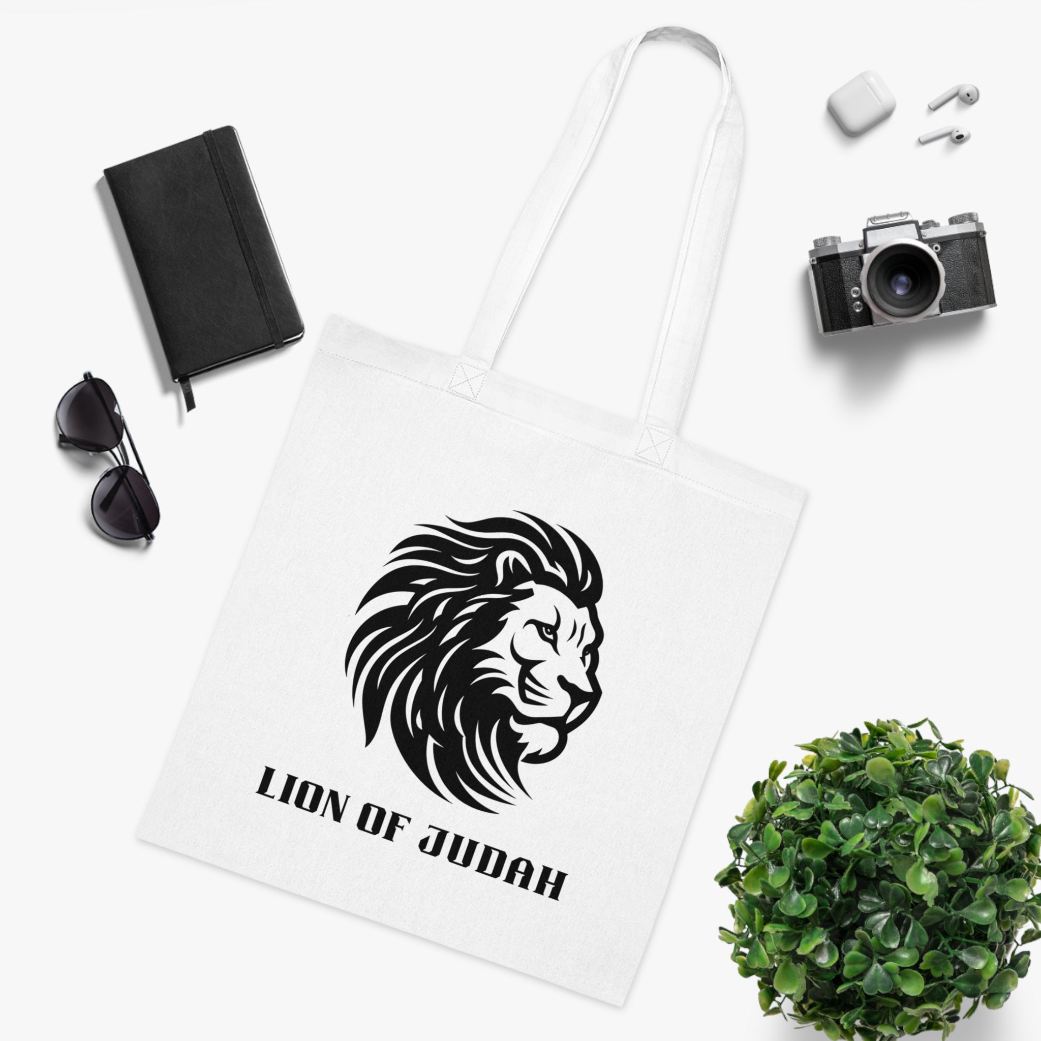 Lion of Judah Cotton Tote Bag - Bold Black Lion Graphic, Faith-Inspired Bible Verse Accessory
