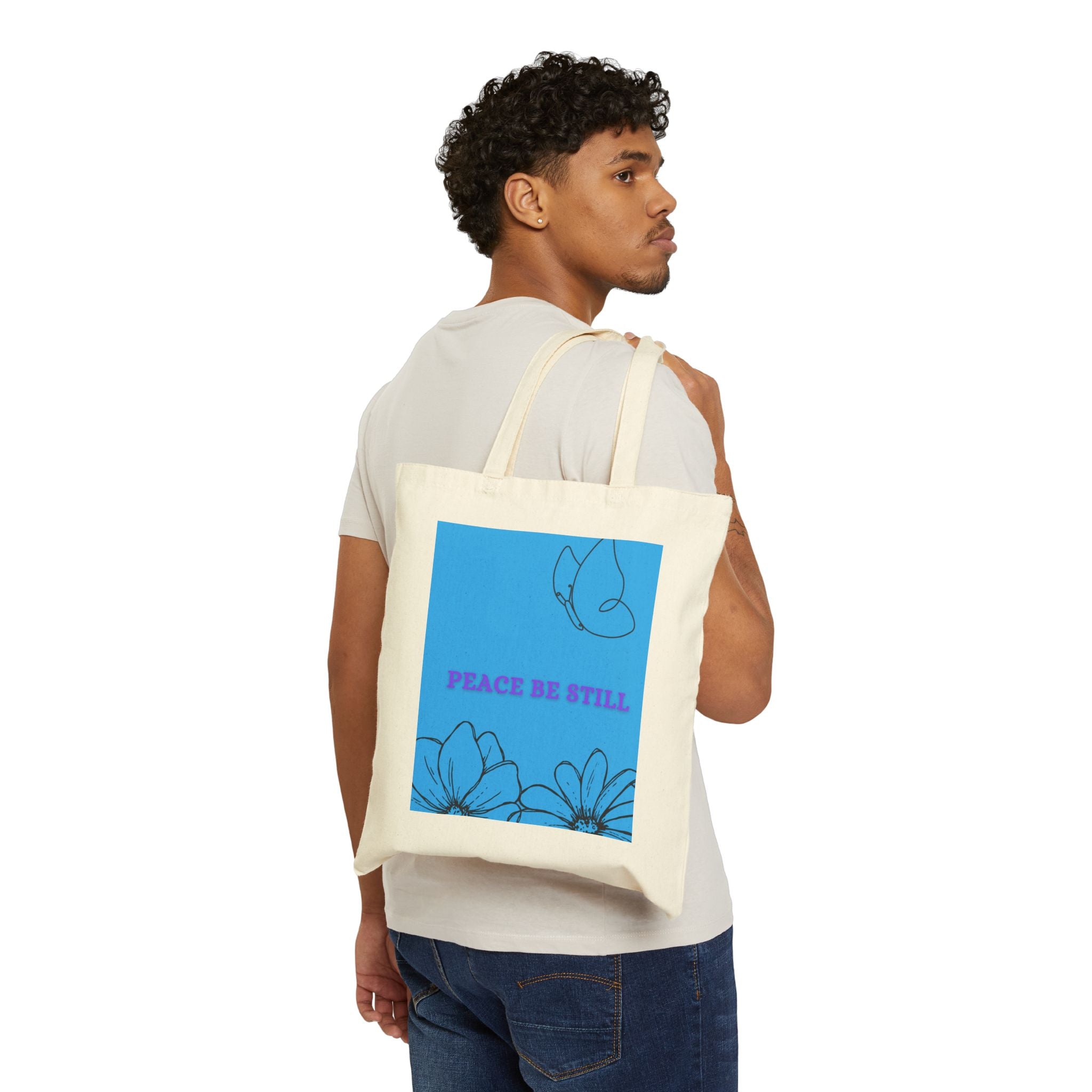 Peace Be Still Cotton Tote — Blue Floral Dove Canvas Bag